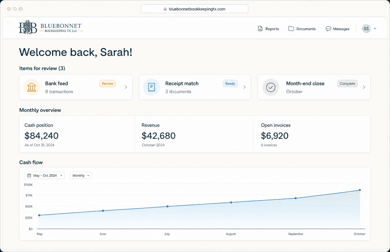 A Bluebonnet client dashboard showing bookkeeping review items, monthly financial metrics, and cash flow